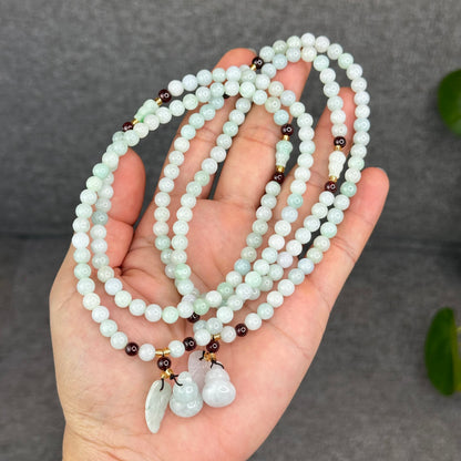 Natural Ivory Light Green Ho Lo Pendant Type A Jadeite Jade Triple Wrap Bracelet Size 6 mm
