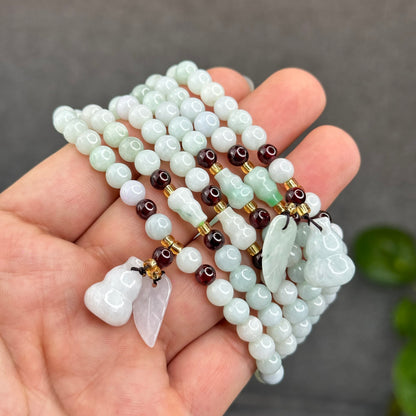 Natural Ivory Light Green Ho Lo Pendant Type A Jadeite Jade Triple Wrap Bracelet Size 6 mm