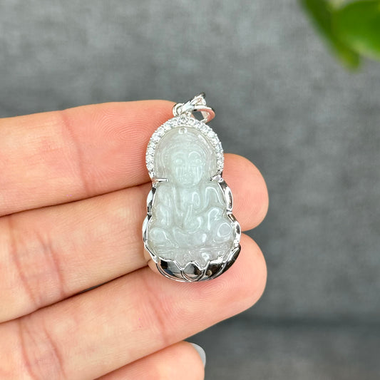 Natural Semi-Translucent Jadeite Jade Quan Yin Pendant in Gold Platted Silver Setting