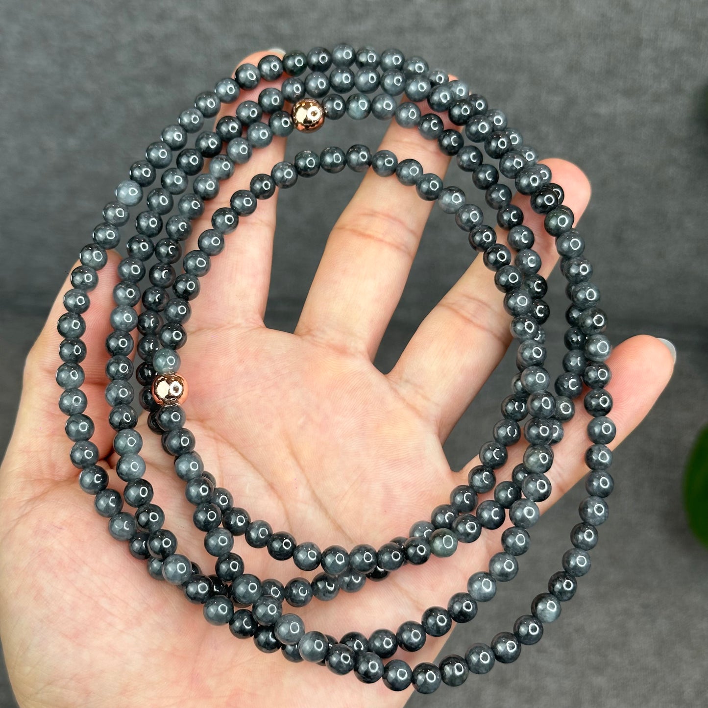 Natural Black-Grey Jadeite Jade Type A High Quality Necklace Size 6 mm
