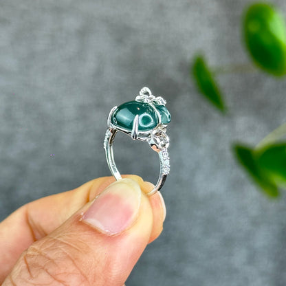 Natural Water Green Jadeite Jade Money Bag Ring in Gold Platted Silver Setting Size 1.72
