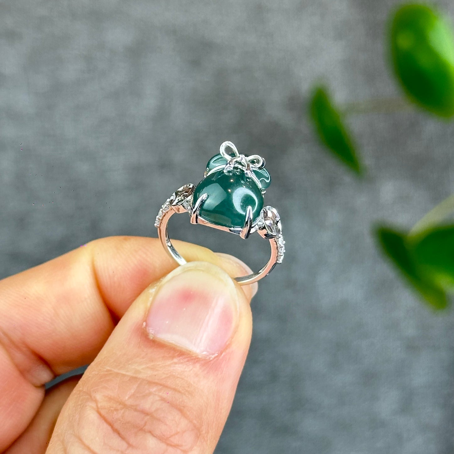 Natural Water Green Jadeite Jade Money Bag Ring in Gold Platted Silver Setting Size 1.72