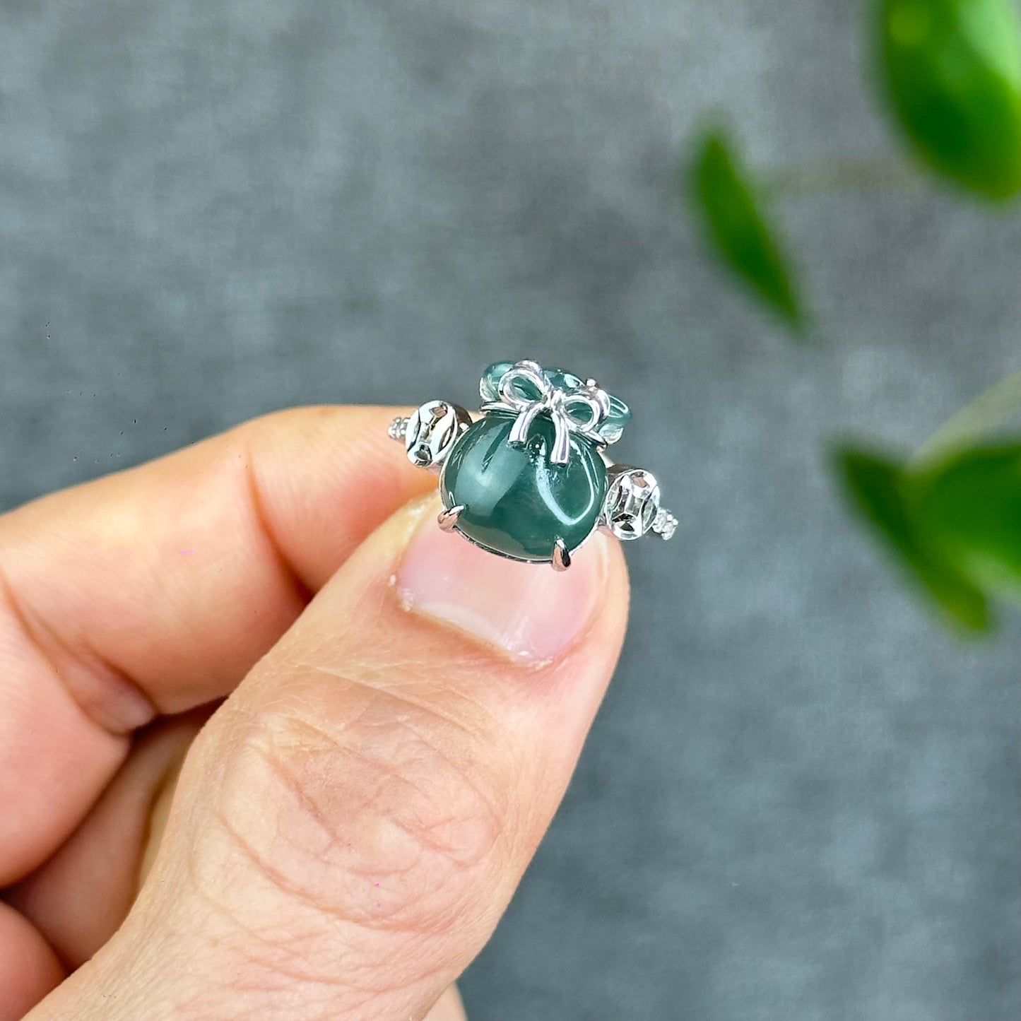 Natural Water Green Jadeite Jade Money Bag Ring in Gold Platted Silver Setting Size 1.72