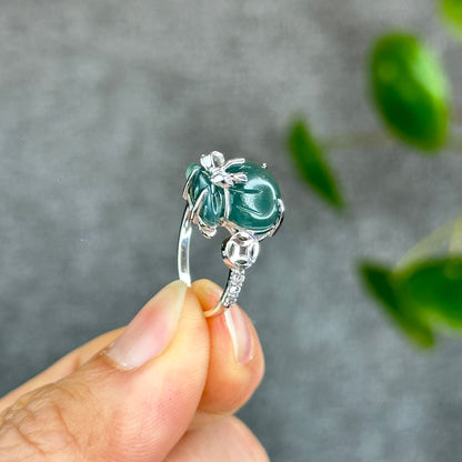 Natural Water Green Jadeite Jade Money Bag Ring in Gold Platted Silver Setting Size 1.72