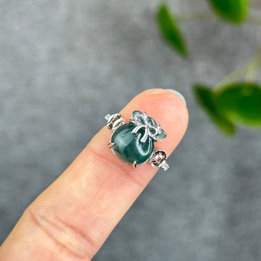 Natural Water Green Jadeite Jade Money Bag Ring in Gold Platted Silver Setting Size 1.72