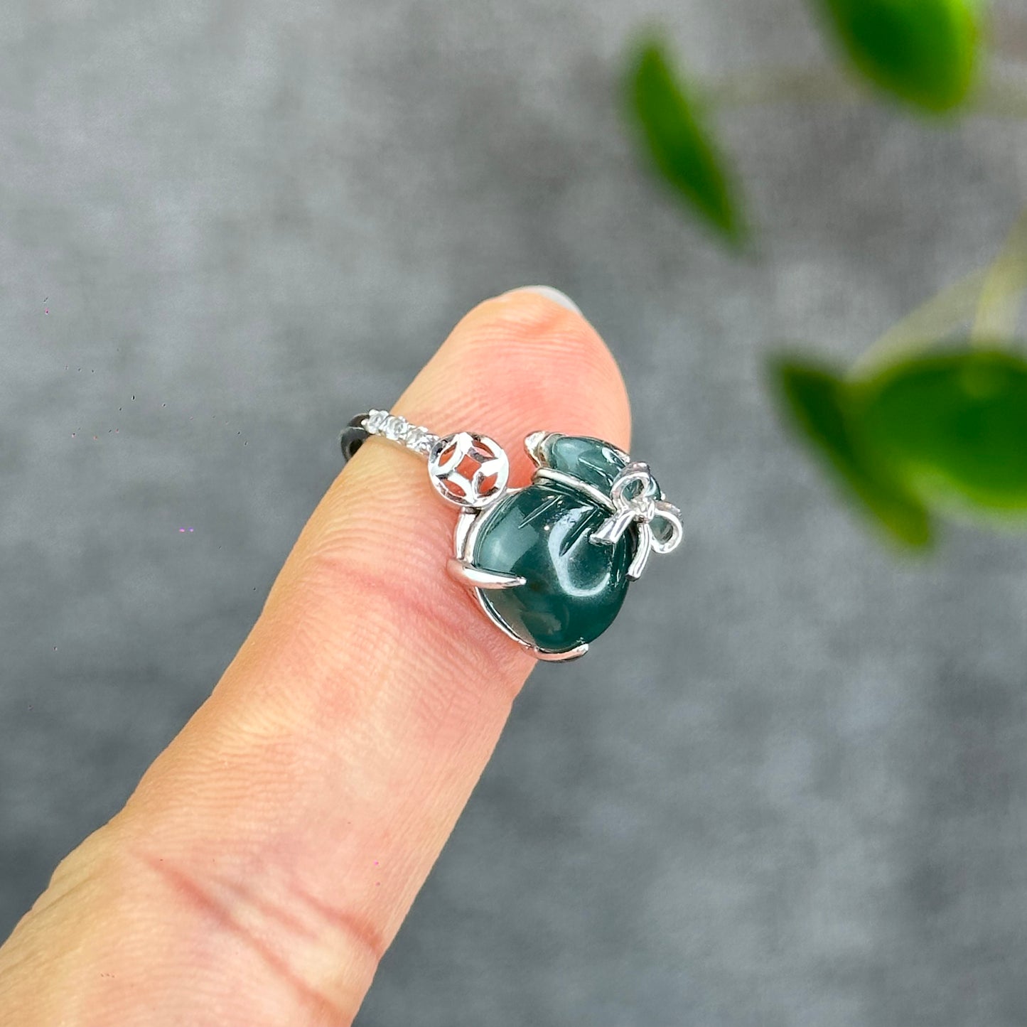Natural Water Green Jadeite Jade Money Bag Ring in Gold Platted Silver Setting Size 1.72
