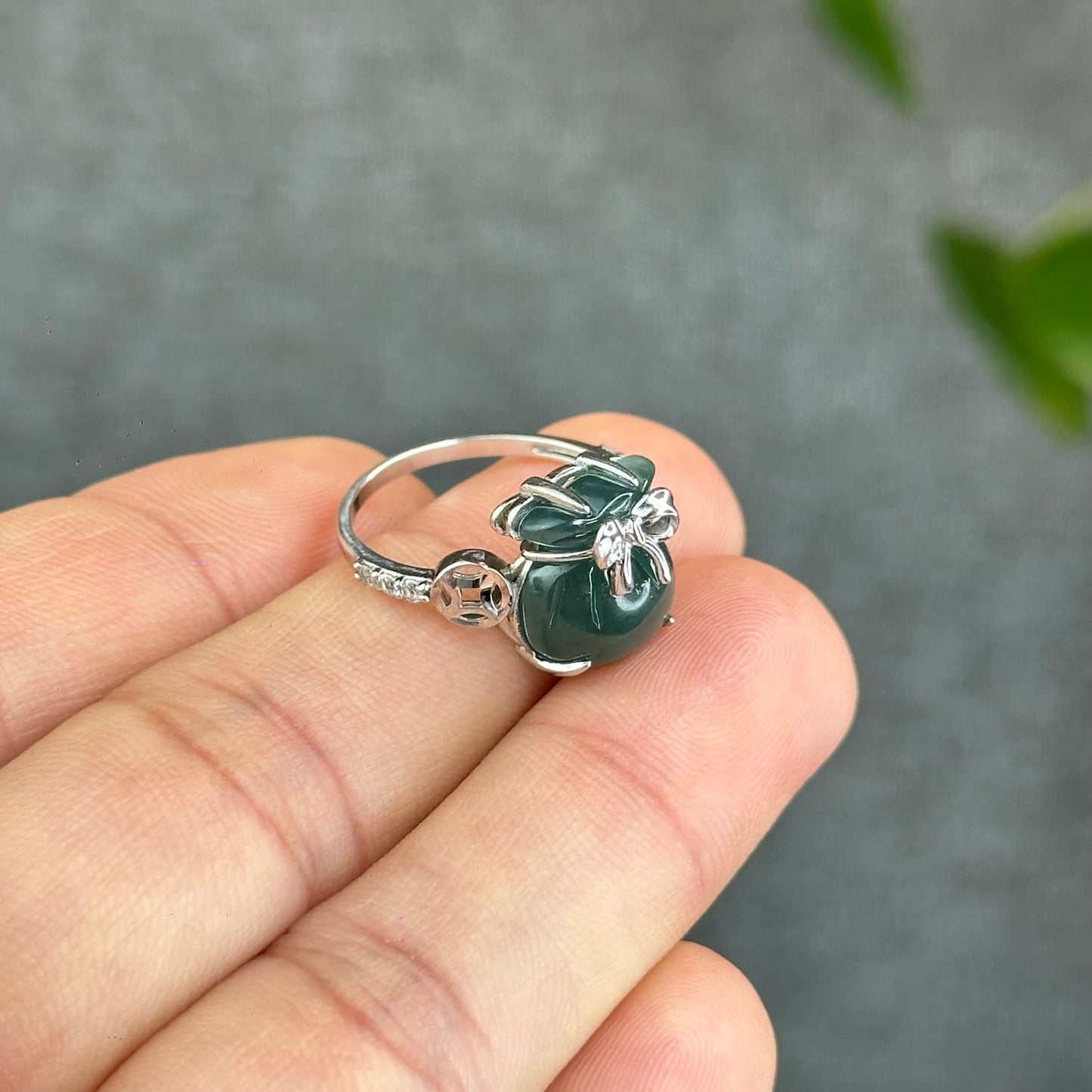 Natural Water Green Jadeite Jade Money Bag Ring in Gold Platted Silver Setting Size 1.72