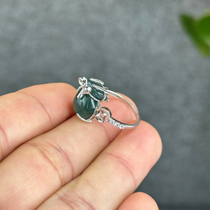 Natural Water Green Jadeite Jade Money Bag Ring in Gold Platted Silver Setting Size 1.72