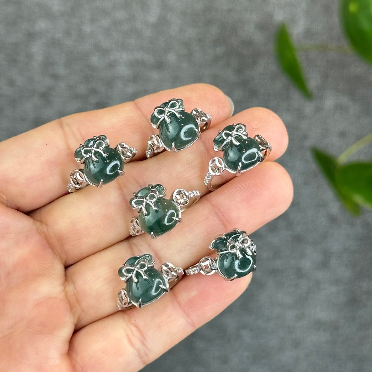 Natural Water Green Jadeite Jade Money Bag Ring in Gold Platted Silver Setting Size 1.72