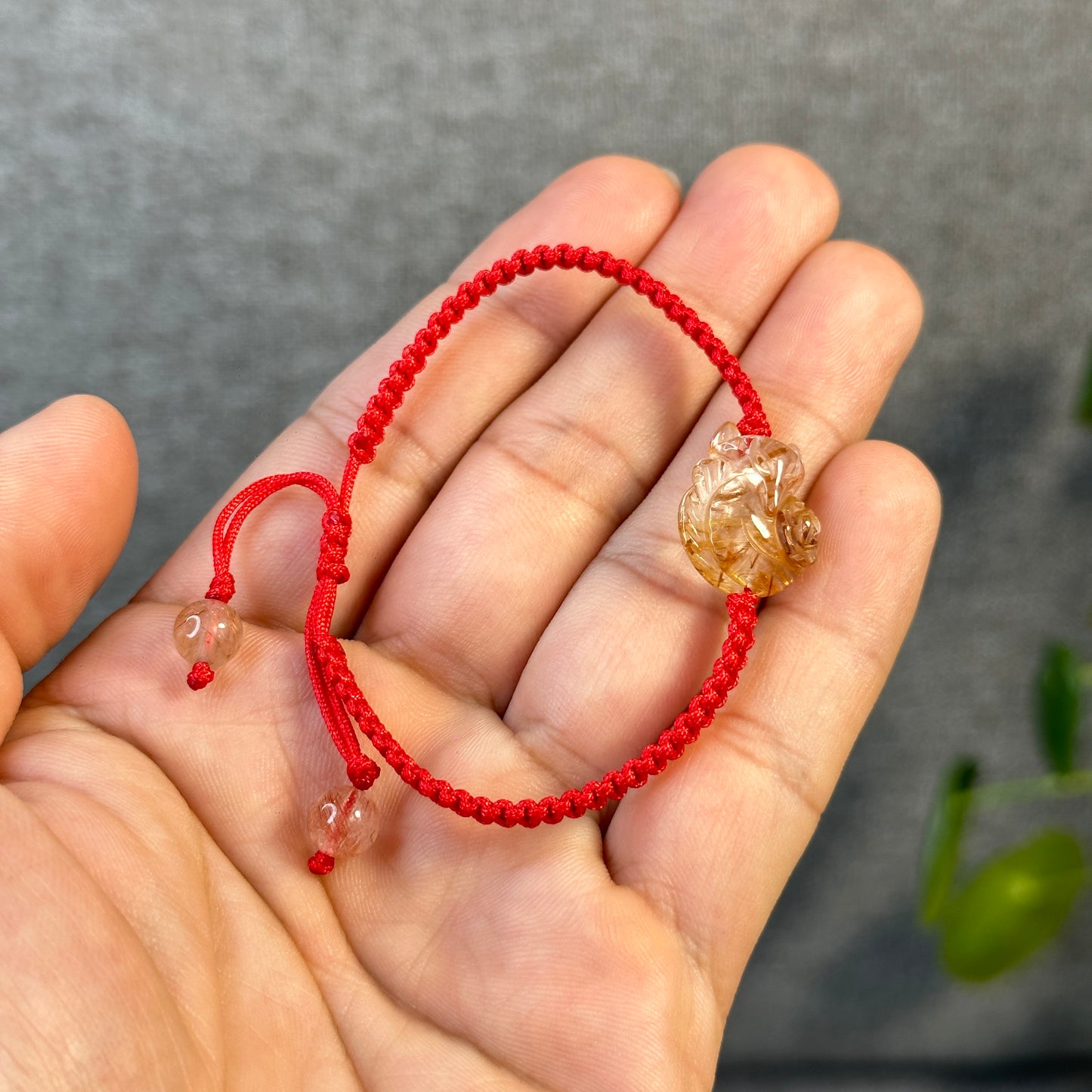 Ho Ly Reddish Brown Rutilated Quartz Charm Bracelet - Red String Braided