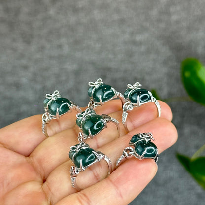 Natural Water Green Jadeite Jade Money Bag Ring in Gold Platted Silver Setting Size 1.72