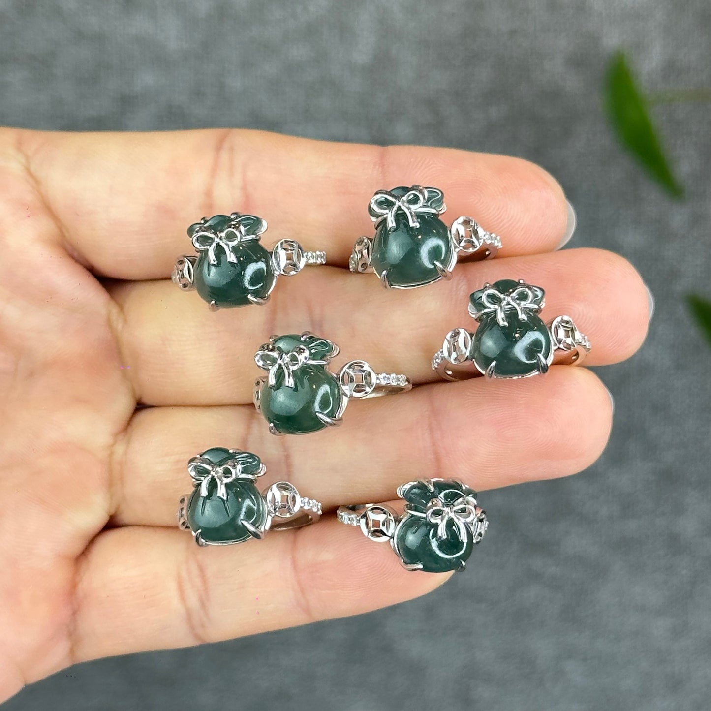 Natural Water Green Jadeite Jade Money Bag Ring in Gold Platted Silver Setting Size 1.72