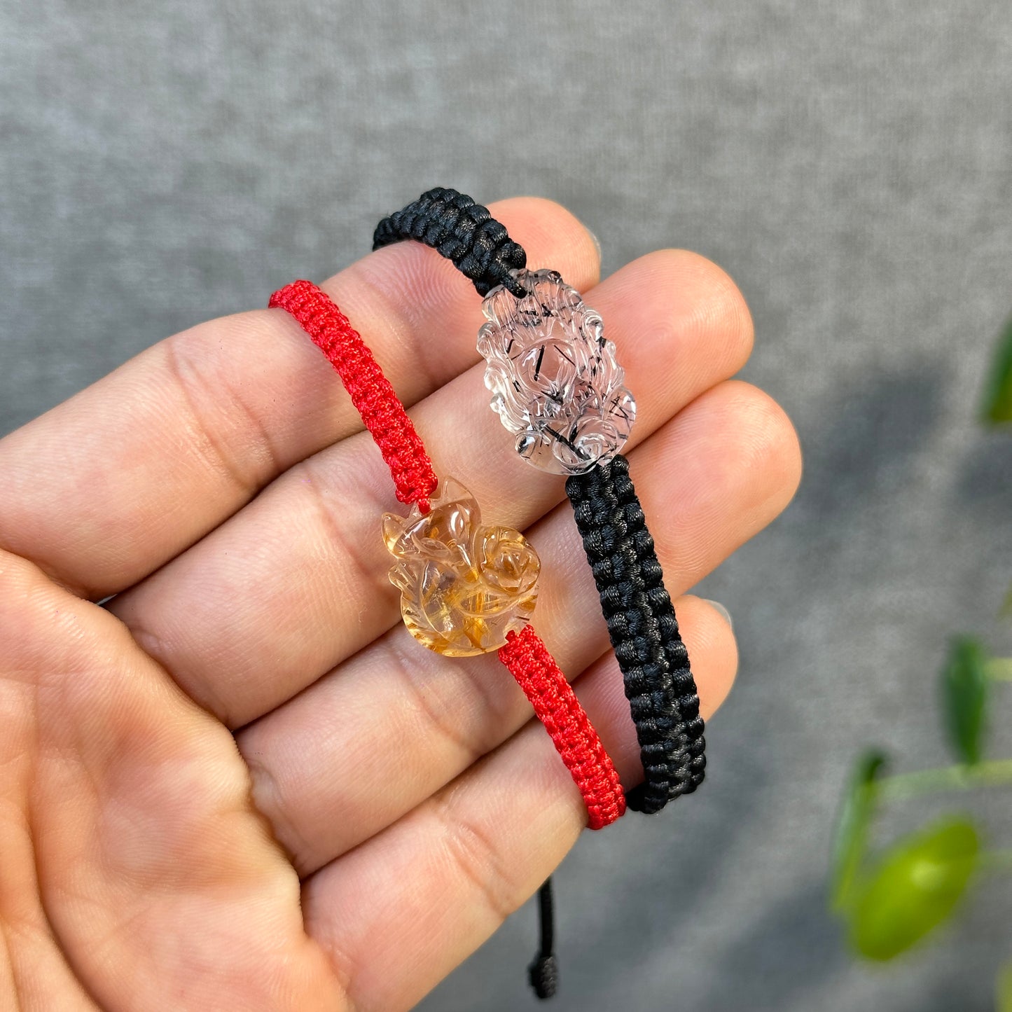 Nine Tailed Fox Black Rutilated Quartz Braided Bracelet - Red String