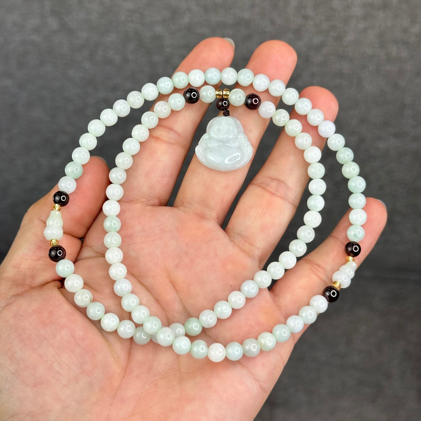 Natural Ivory Light Green Buddha Pendant Type A Jadeite Jade Triple Wrap Bracelet Size 6 mm