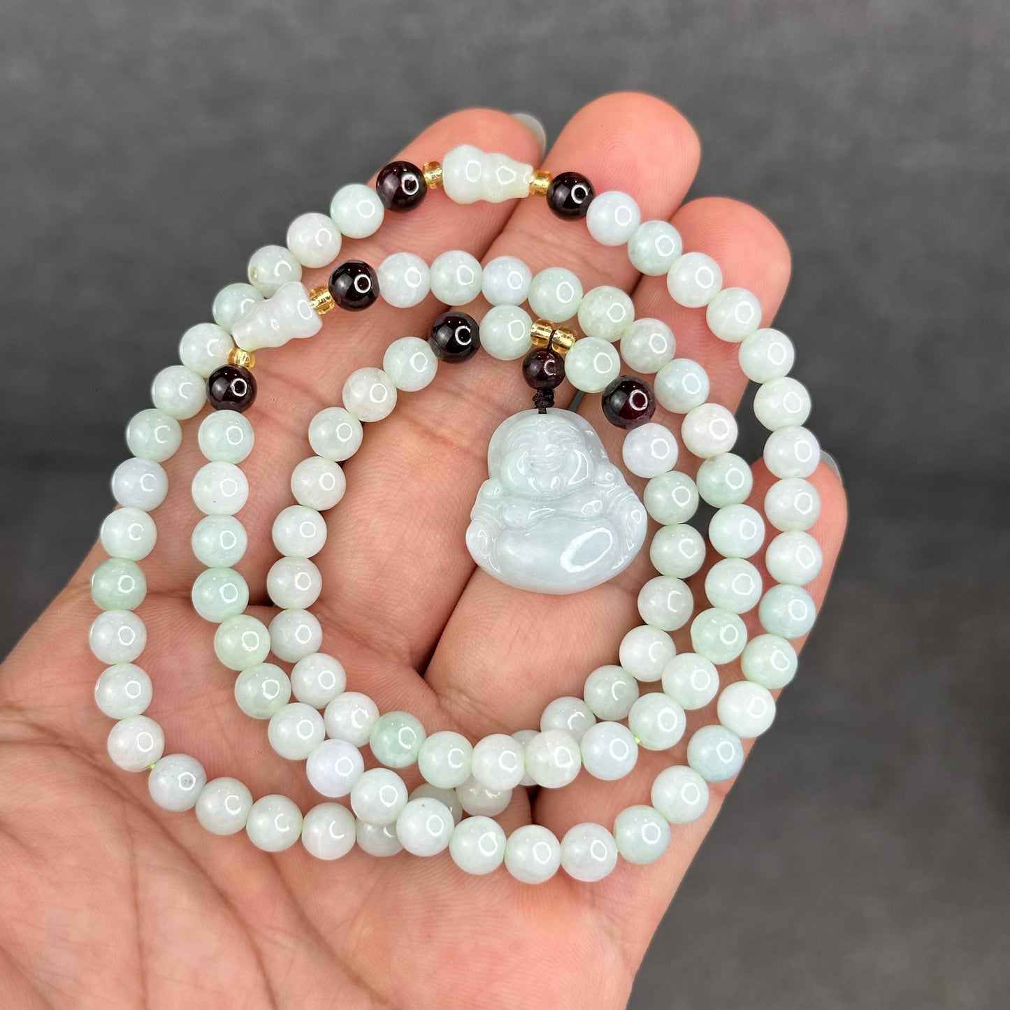 Natural Ivory Light Green Buddha Pendant Type A Jadeite Jade Triple Wrap Bracelet Size 6 mm