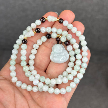 Natural Ivory Light Green Buddha Pendant Type A Jadeite Jade Triple Wrap Bracelet Size 6 mm