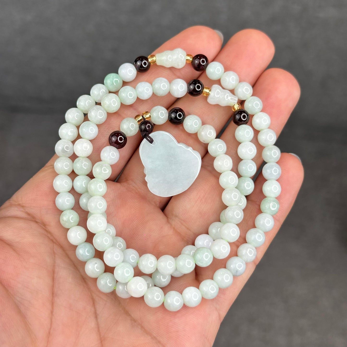 Natural Ivory Light Green Buddha Pendant Type A Jadeite Jade Triple Wrap Bracelet Size 6 mm