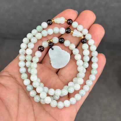 Natural Ivory Light Green Buddha Pendant Type A Jadeite Jade Triple Wrap Bracelet Size 6 mm