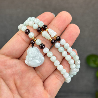 Natural Ivory Light Green Buddha Pendant Type A Jadeite Jade Triple Wrap Bracelet Size 6 mm