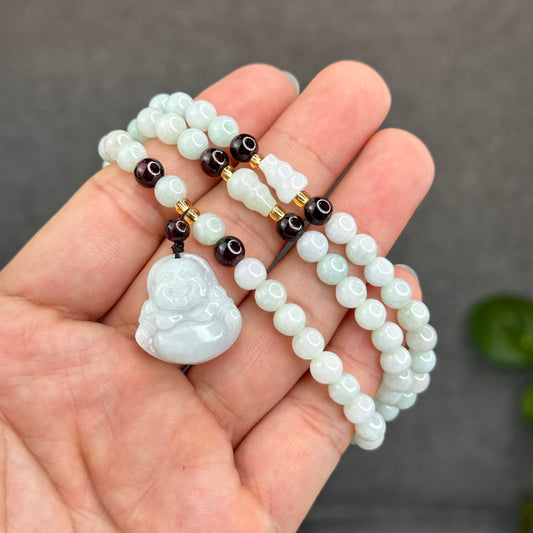 Natural Ivory Light Green Buddha Pendant Type A Jadeite Jade Triple Wrap Bracelet Size 6 mm