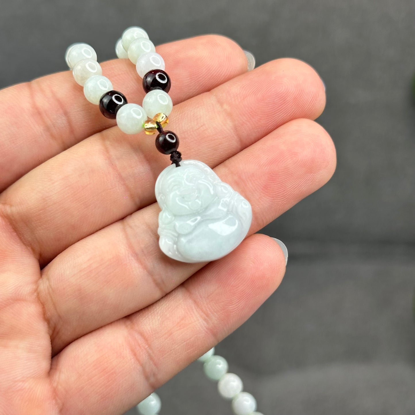 Natural Ivory Light Green Buddha Pendant Type A Jadeite Jade Triple Wrap Bracelet Size 6 mm