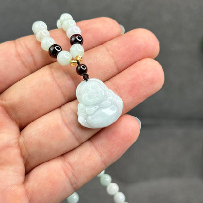 Natural Ivory Light Green Buddha Pendant Type A Jadeite Jade Triple Wrap Bracelet Size 6 mm