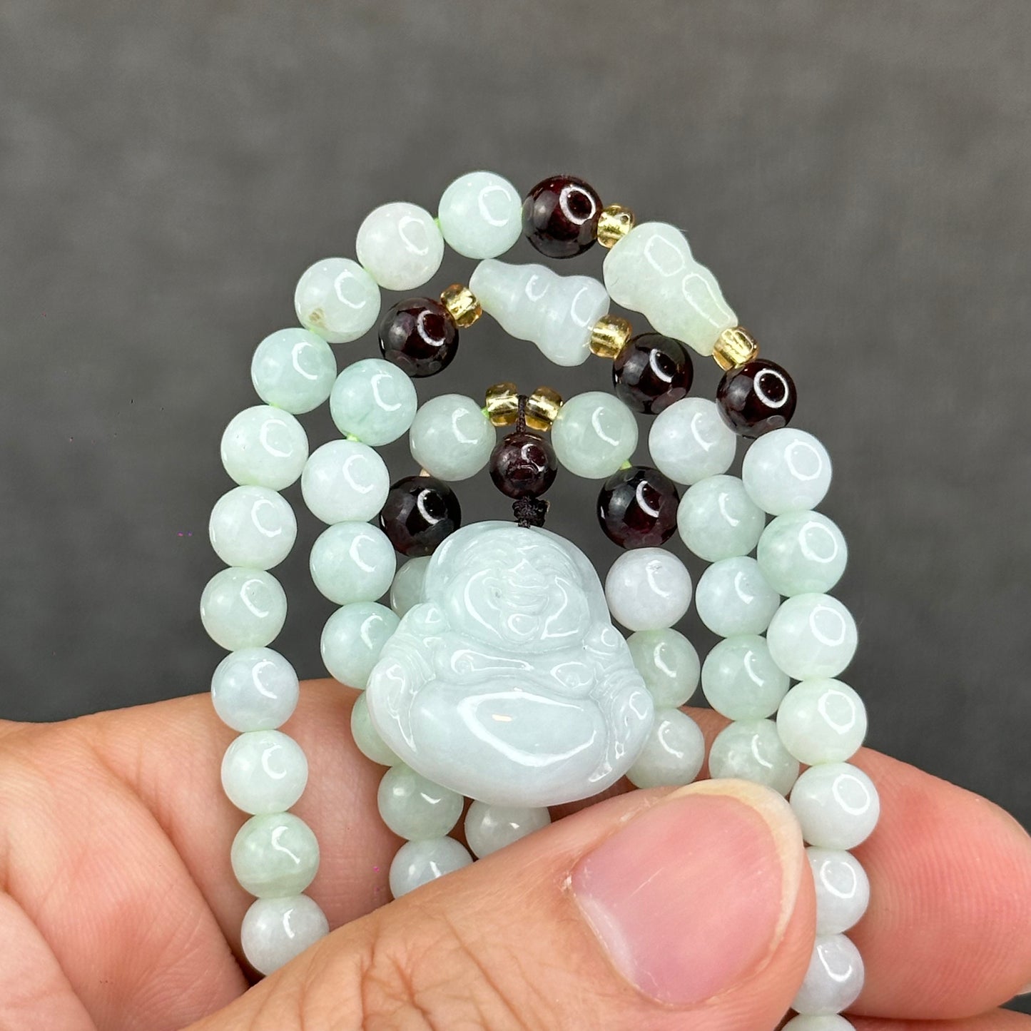 Natural Ivory Light Green Buddha Pendant Type A Jadeite Jade Triple Wrap Bracelet Size 6 mm