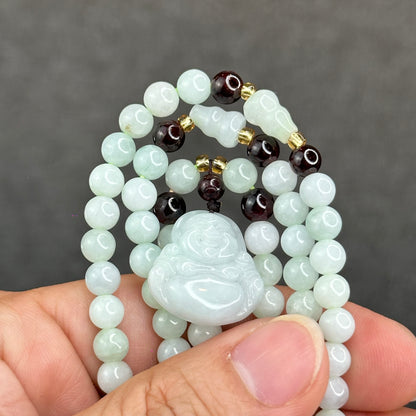 Natural Ivory Light Green Buddha Pendant Type A Jadeite Jade Triple Wrap Bracelet Size 6 mm
