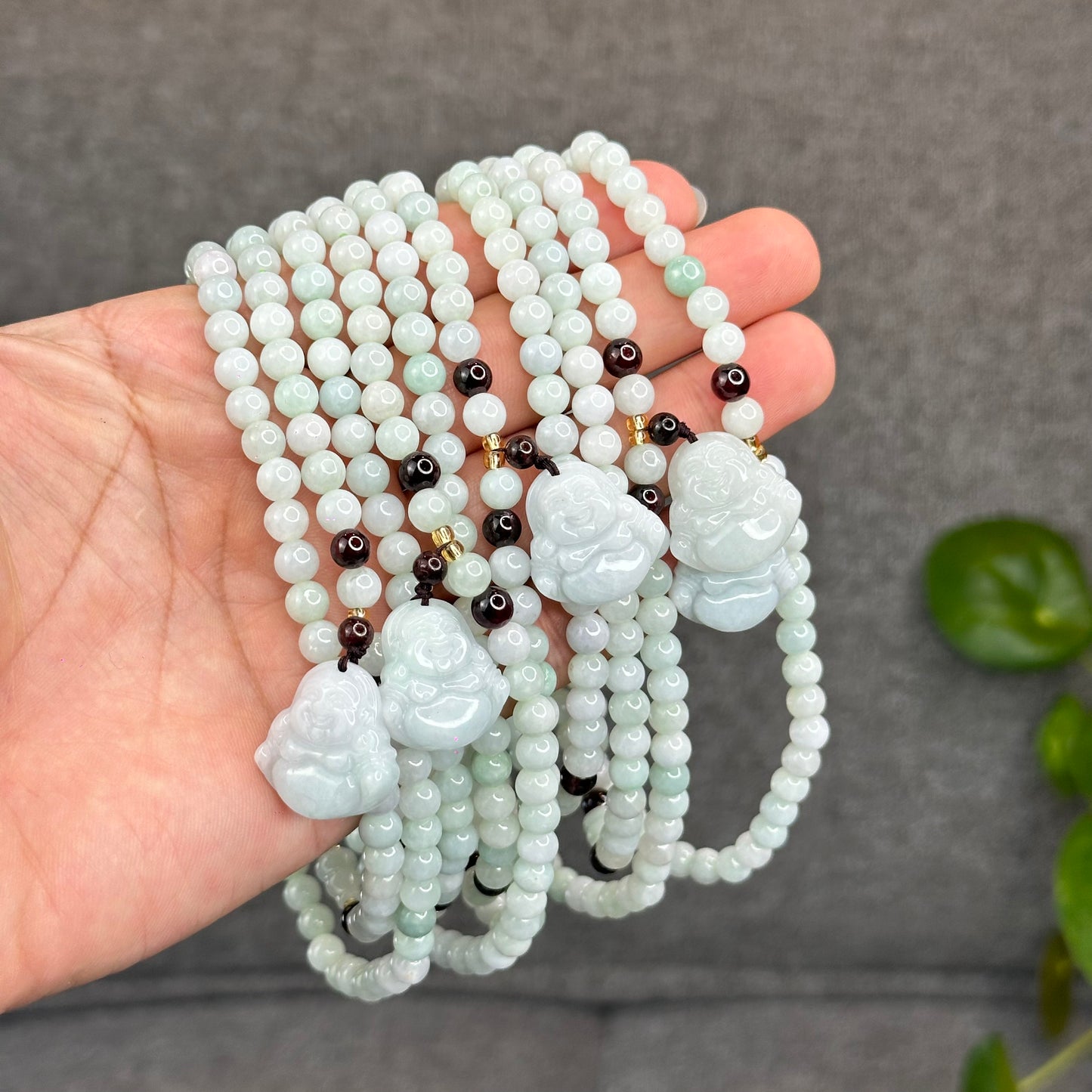 Natural Ivory Light Green Buddha Pendant Type A Jadeite Jade Triple Wrap Bracelet Size 6 mm