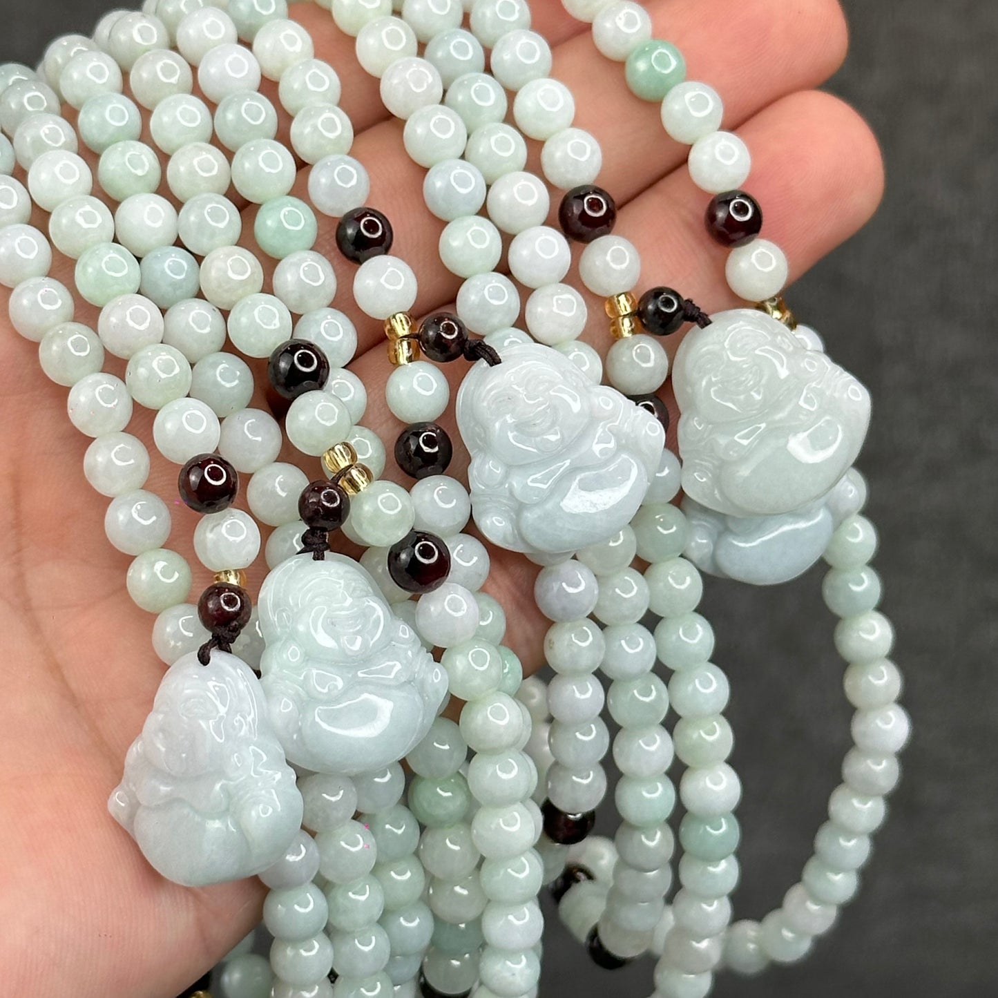 Natural Ivory Light Green Buddha Pendant Type A Jadeite Jade Triple Wrap Bracelet Size 6 mm
