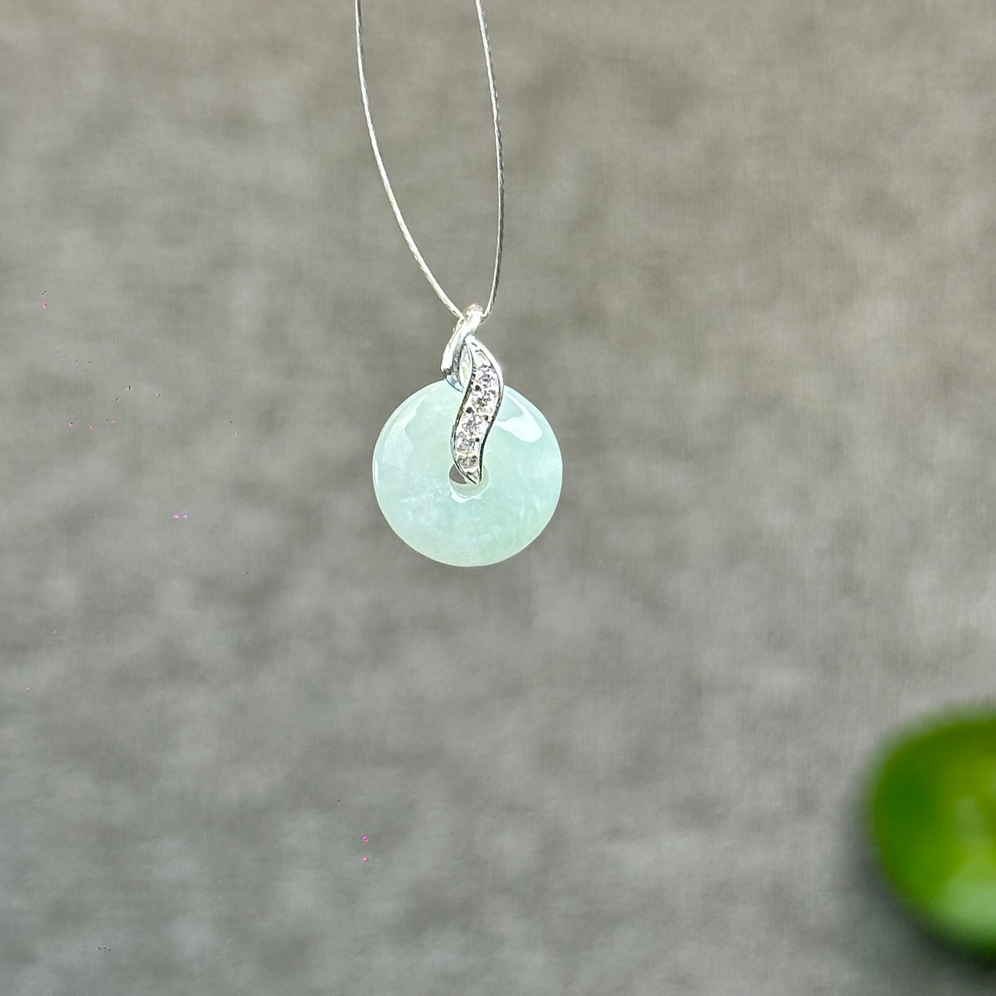 Natural Ivory Light Green Jadeite Type A Jade Donut Charm with Silver Setting Size 13 mm by 4 mm