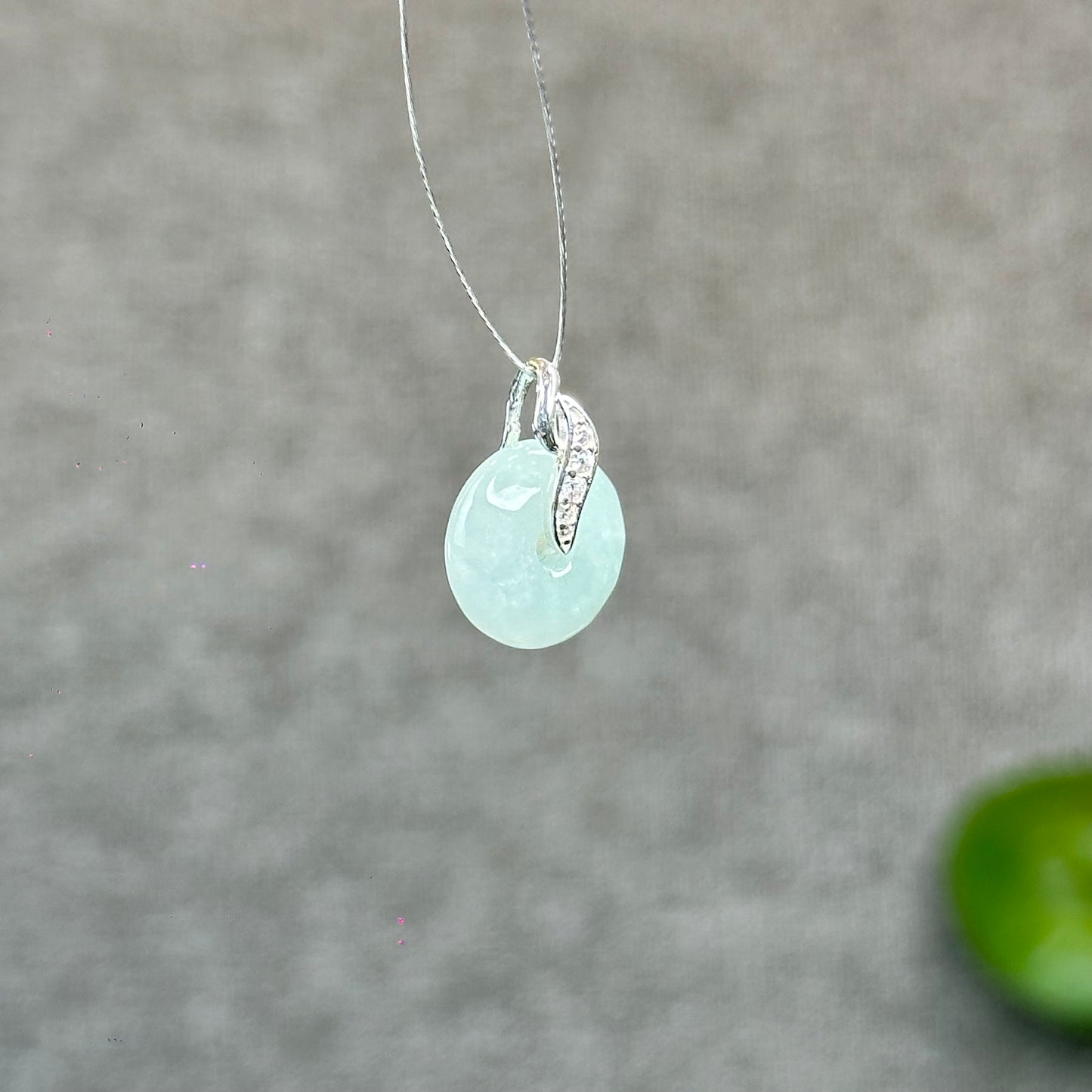 Natural Ivory Light Green Jadeite Type A Jade Donut Charm with Silver Setting Size 13 mm by 4 mm