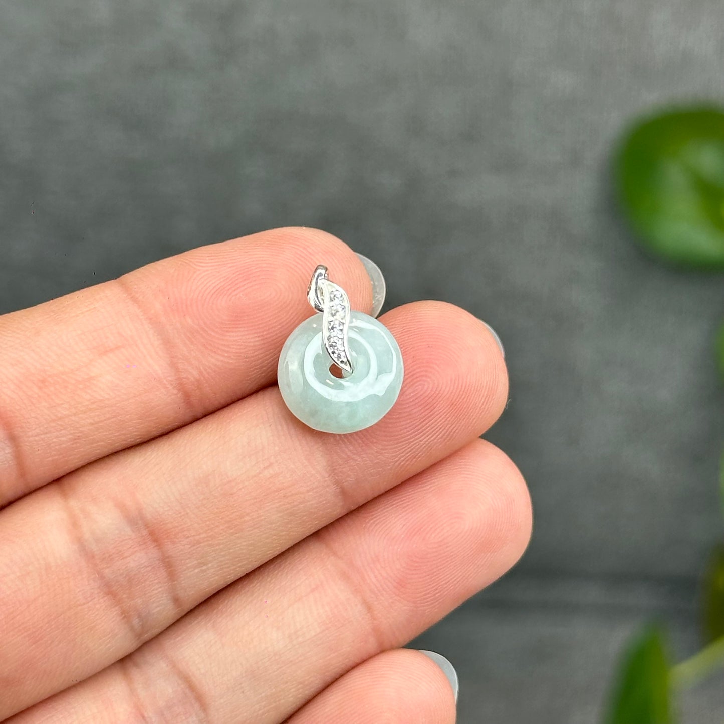 Natural Ivory Light Green Jadeite Type A Jade Donut Charm with Silver Setting Size 13 mm by 4 mm