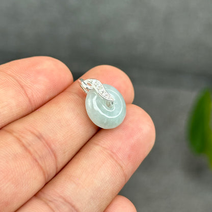Natural Ivory Light Green Jadeite Type A Jade Donut Charm with Silver Setting Size 13 mm by 4 mm