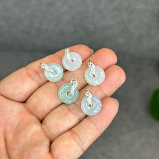 Natural Ivory Light Green Jadeite Type A Jade Donut Charm with Silver Setting Size 13 mm by 4 mm