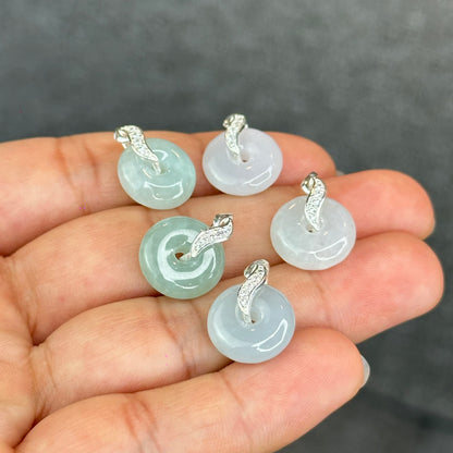 Natural Ivory Light Green Jadeite Type A Jade Donut Charm with Silver Setting Size 13 mm by 4 mm