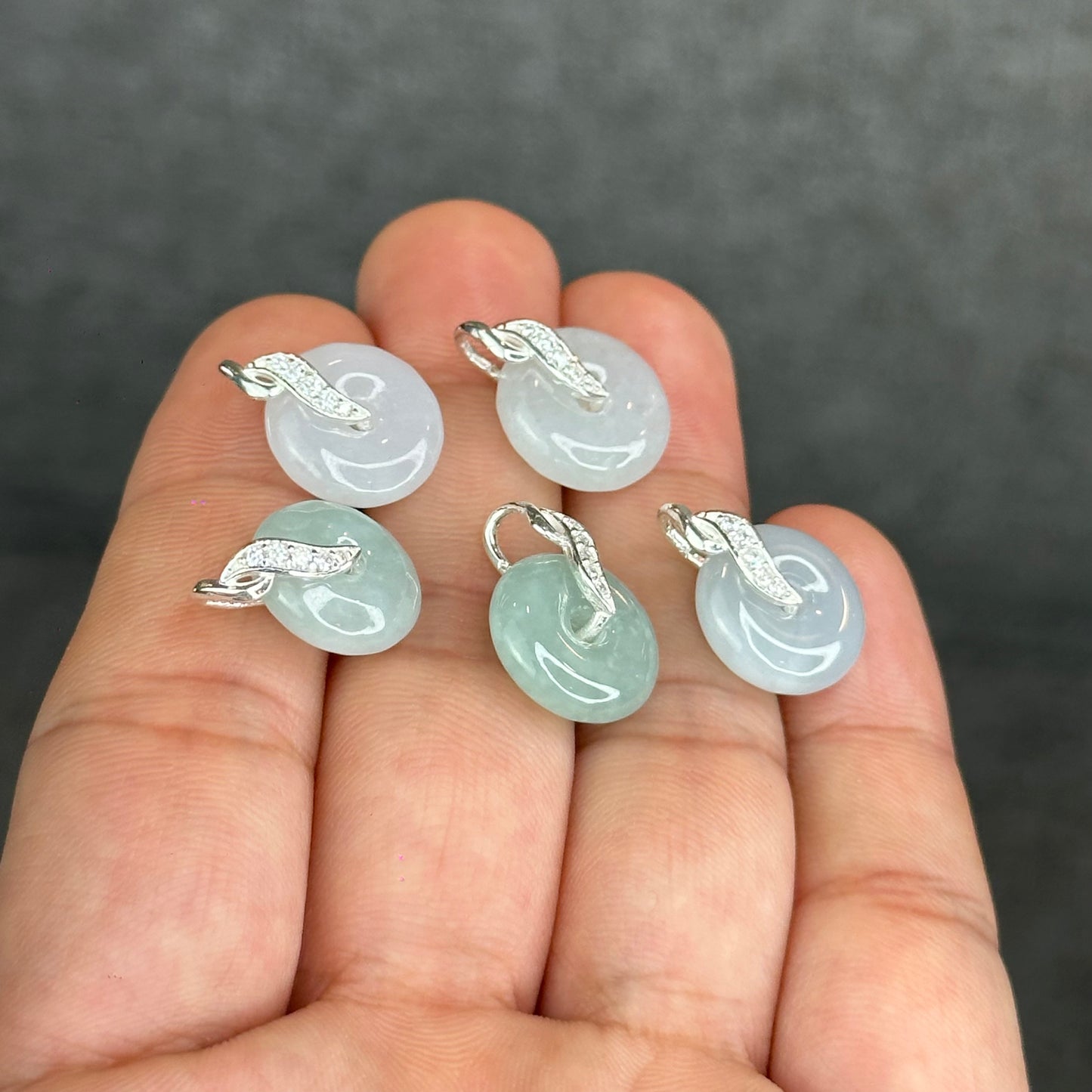 Natural Ivory Light Green Jadeite Type A Jade Donut Charm with Silver Setting Size 13 mm by 4 mm