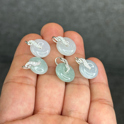 Natural Ivory Light Green Jadeite Type A Jade Donut Charm with Silver Setting Size 13 mm by 4 mm