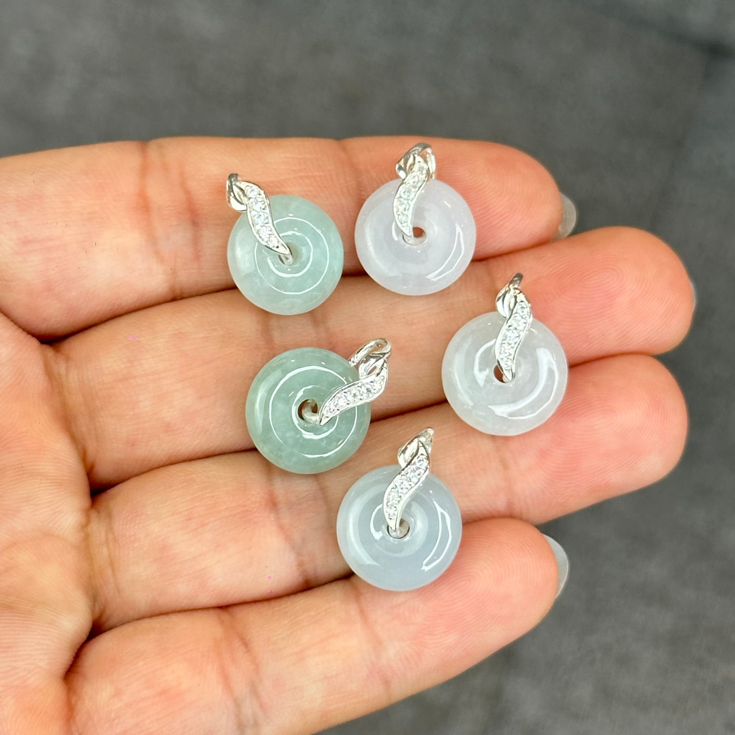 Natural Ivory Light Green Jadeite Type A Jade Donut Charm with Silver Setting Size 13 mm by 4 mm