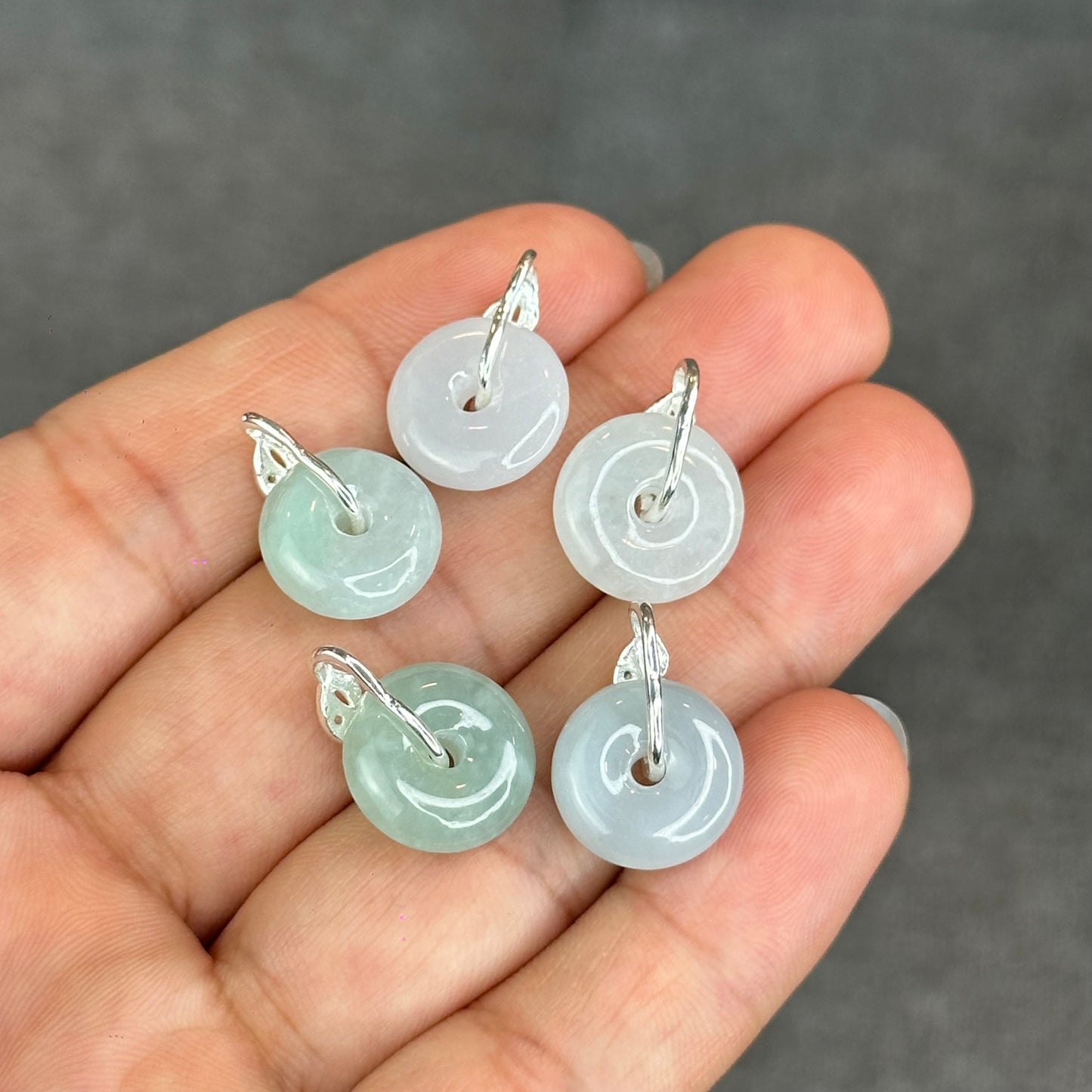 Natural Ivory Light Green Jadeite Type A Jade Donut Charm with Silver Setting Size 13 mm by 4 mm