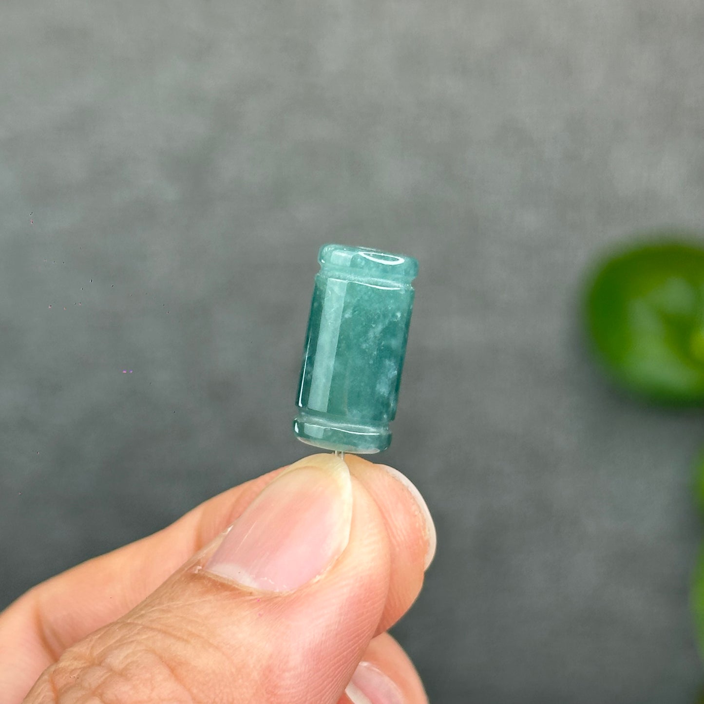 Natural Water Green Color Semi-Translucent Type A Jadeite Jade Lu Thong Charm Size 17.5 mm by 8.8 mm