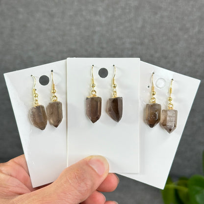 Natural Smokey Quartz Point Crystal Earrings Gold Platted