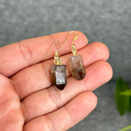 Natural Smokey Quartz Point Crystal Earrings Gold Platted