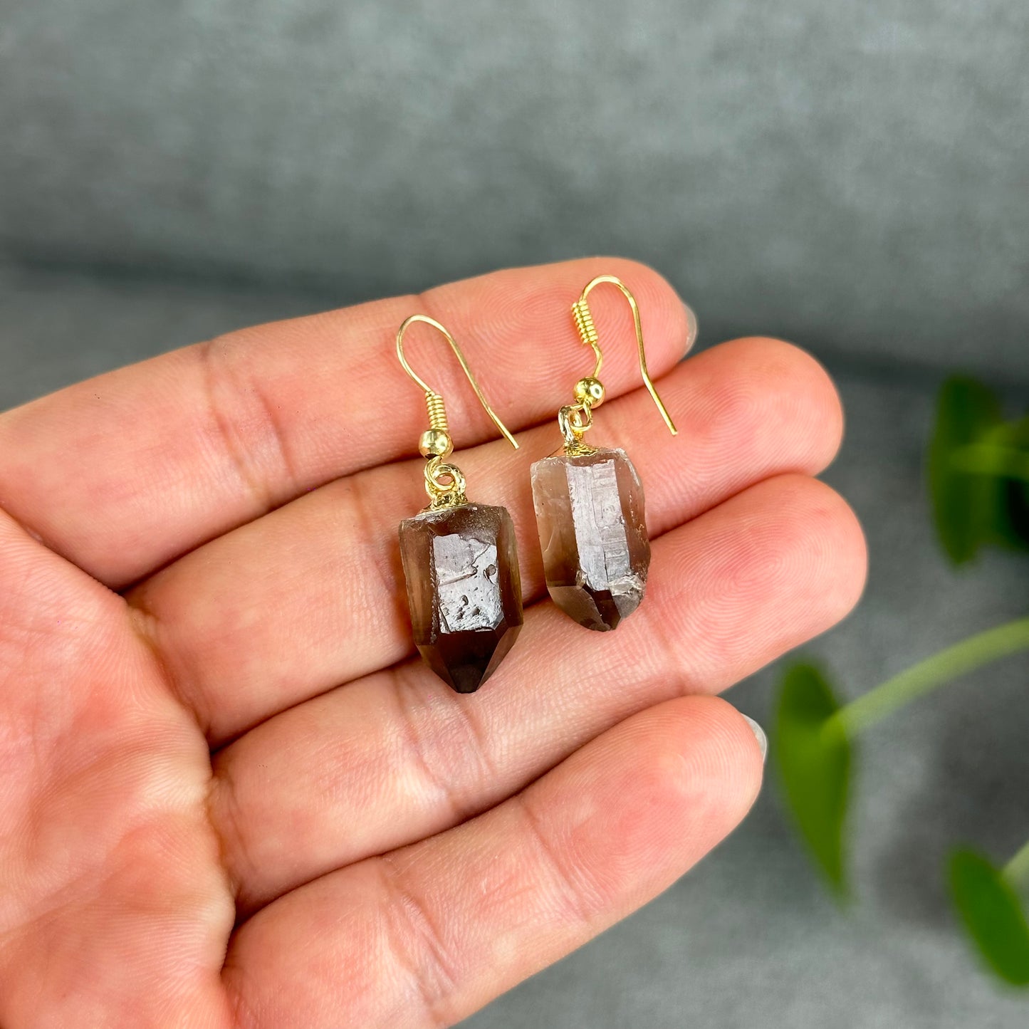 Natural Smokey Quartz Point Crystal Earrings Gold Platted