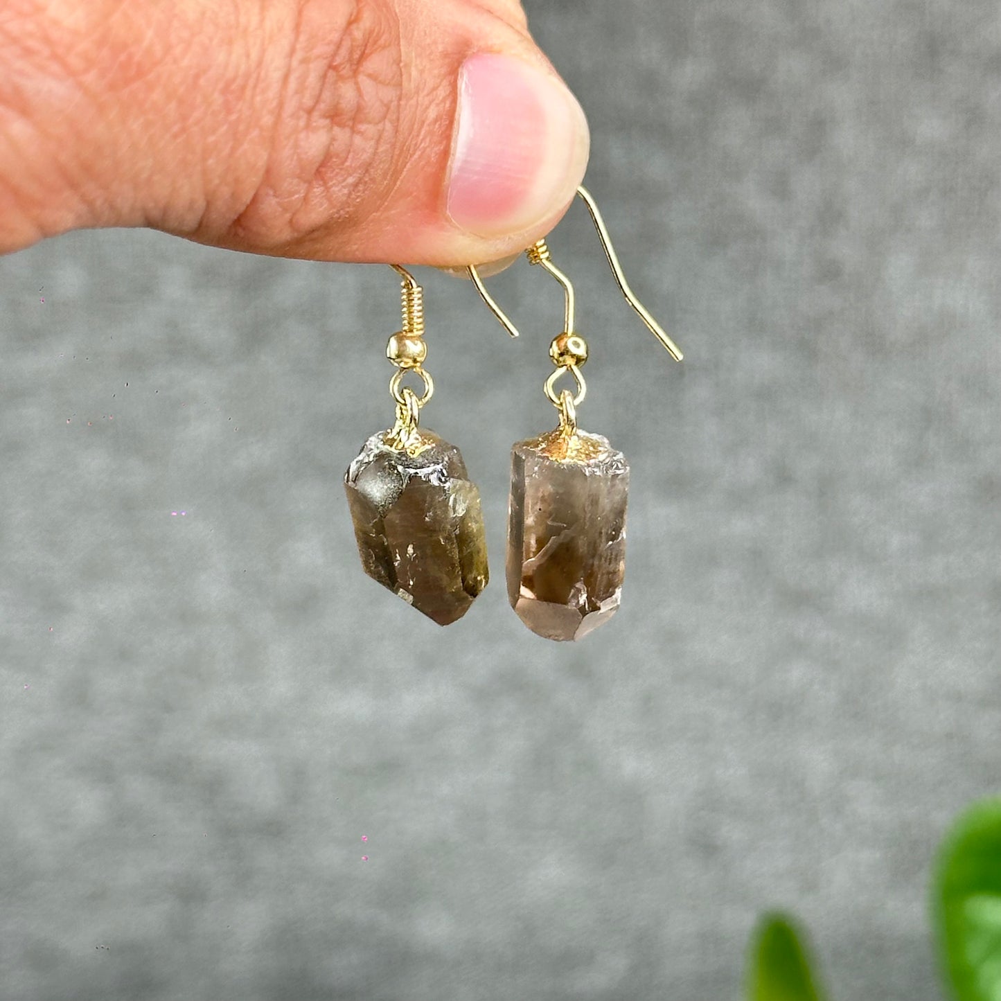 Natural Smokey Quartz Point Crystal Earrings Gold Platted