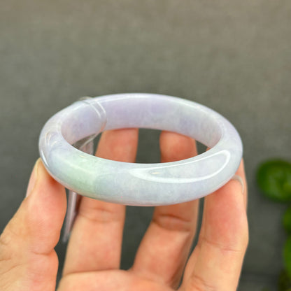 Natural Semi-Translucent Taro Purple with Light Green Type A Jadeite Jade Bangle Leaf Style Size 55 mm
