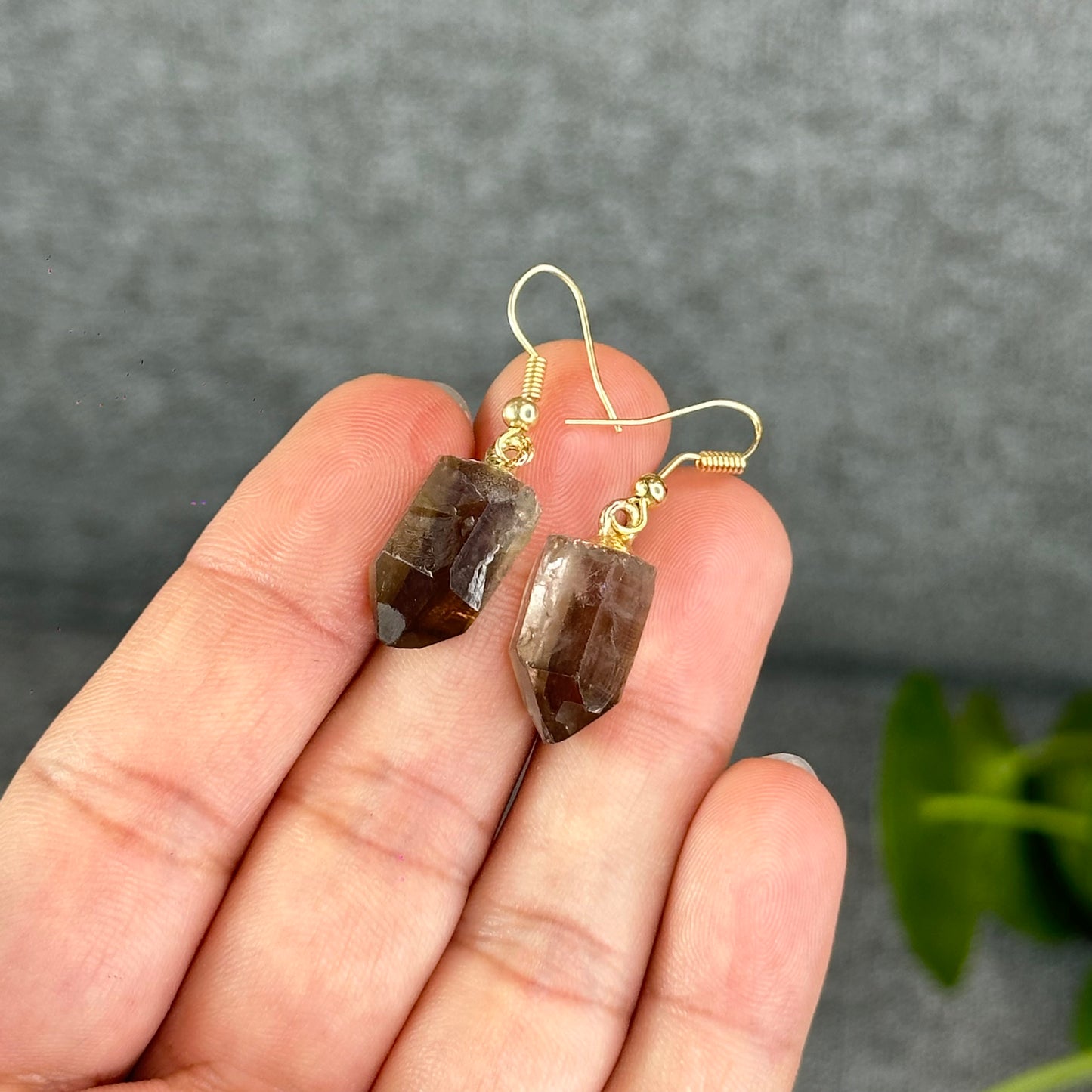 Natural Smokey Quartz Point Crystal Earrings Gold Platted