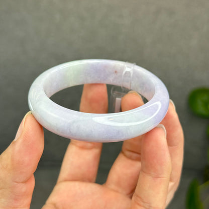 Natural Semi-Translucent Taro Purple with Light Green Type A Jadeite Jade Bangle Leaf Style Size 55 mm