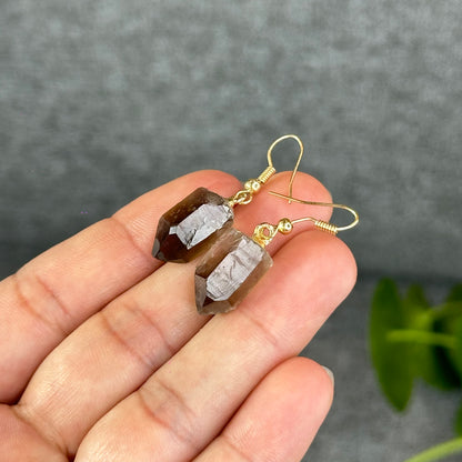 Natural Smokey Quartz Point Crystal Earrings Gold Platted