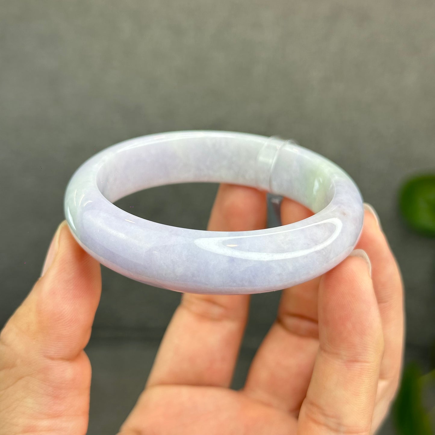 Natural Semi-Translucent Taro Purple with Light Green Type A Jadeite Jade Bangle Leaf Style Size 55 mm